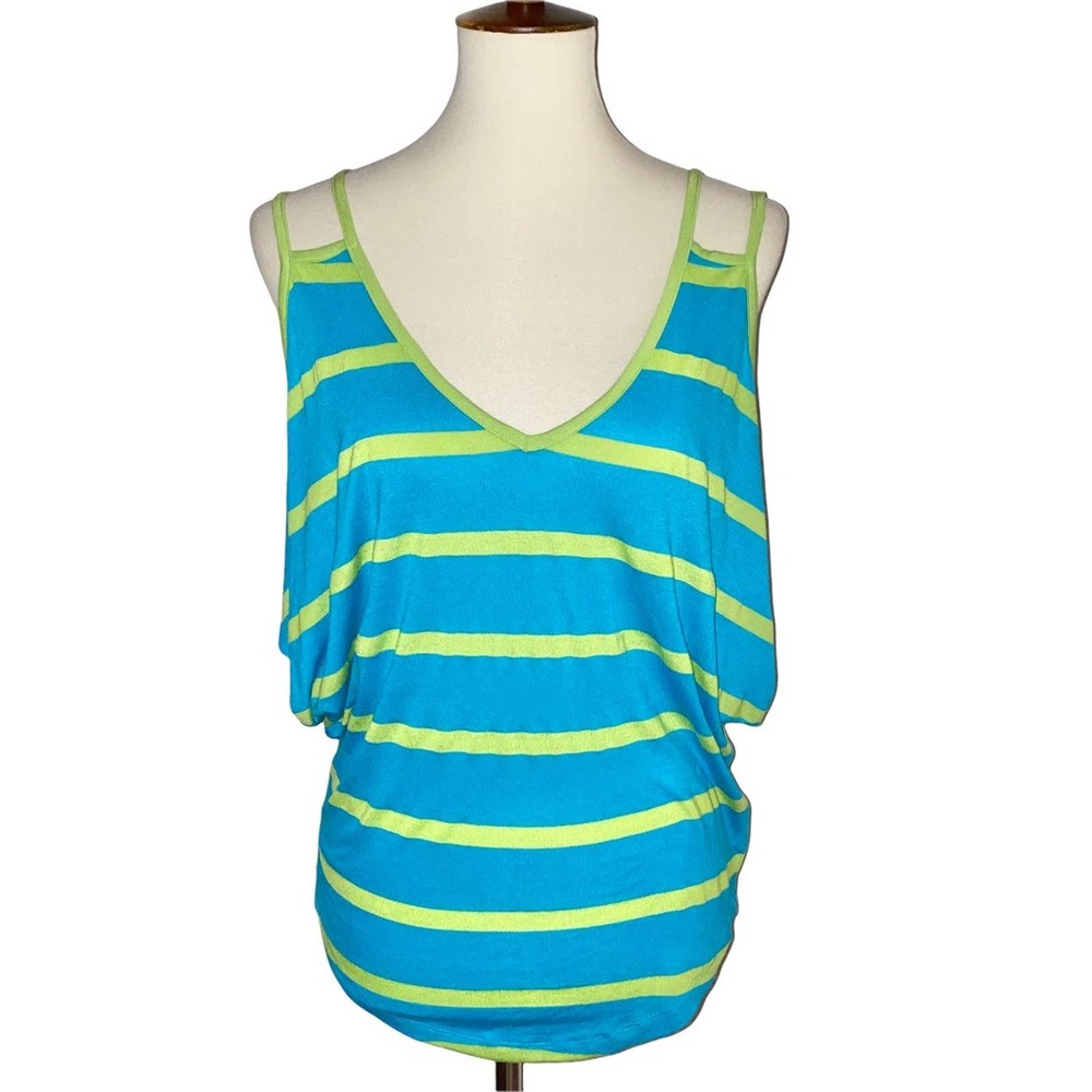 XS Bebe Colorblock Off Shoulder Dolman Low Cut V Neck Boxy Aqua Top
